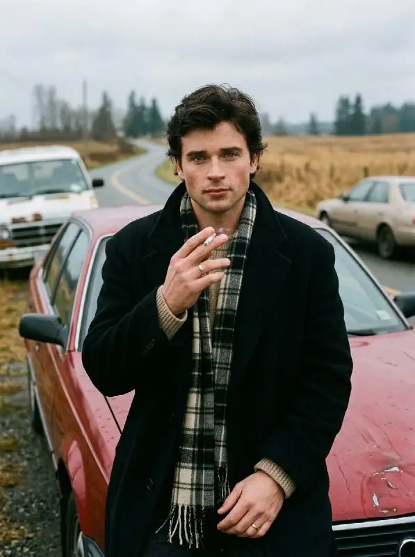 Young man in overcoat and scarf smoking by roadside car