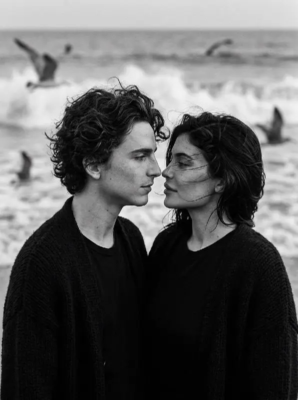 Romantic black and white portrait of a couple on the beach