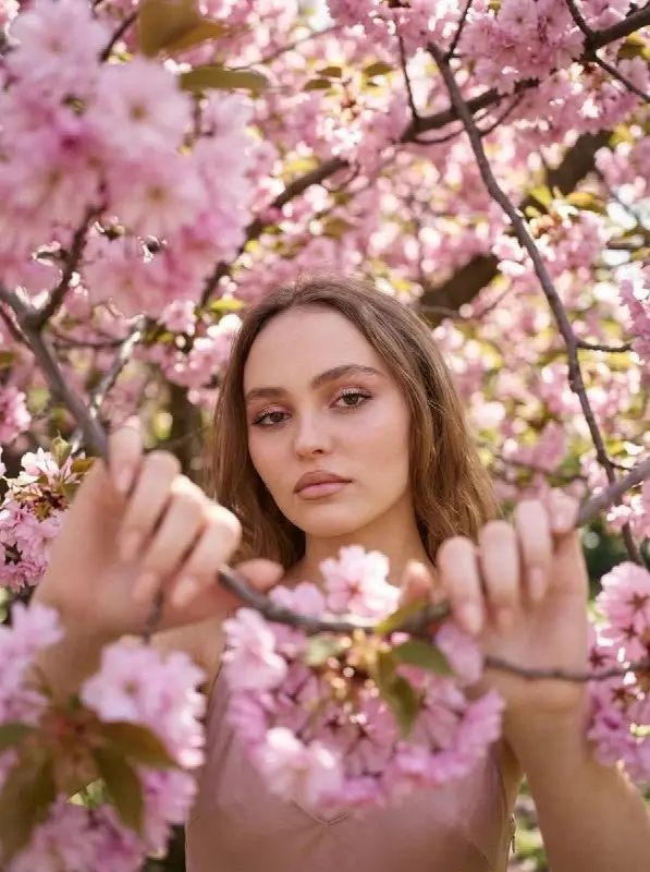 Portrait of young woman posing among pink cherry blossoms