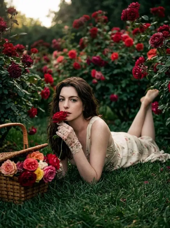 Elegant woman in vintage dress lying in red rose garden
