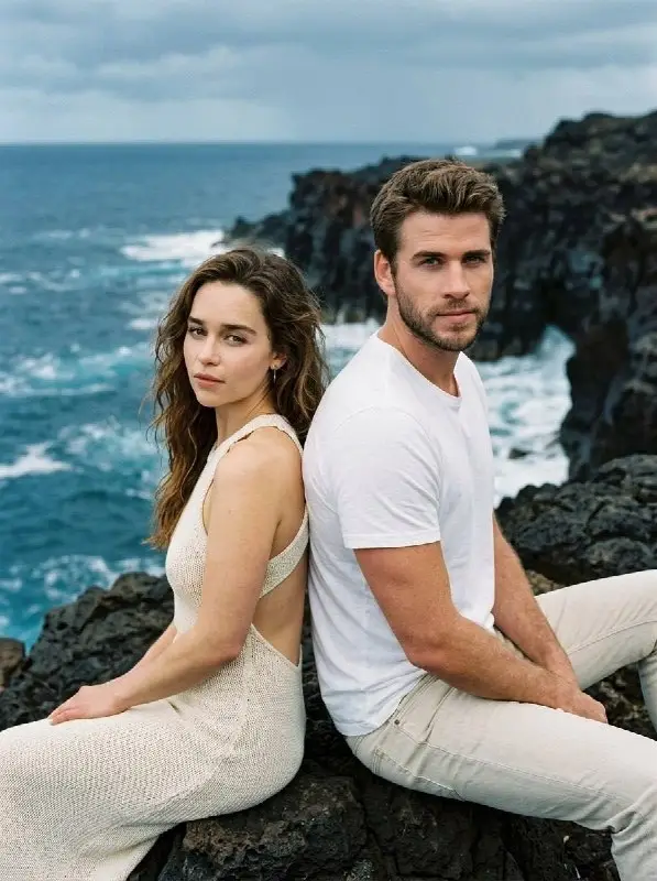 Young couple sitting back to back on rocky coastal shore