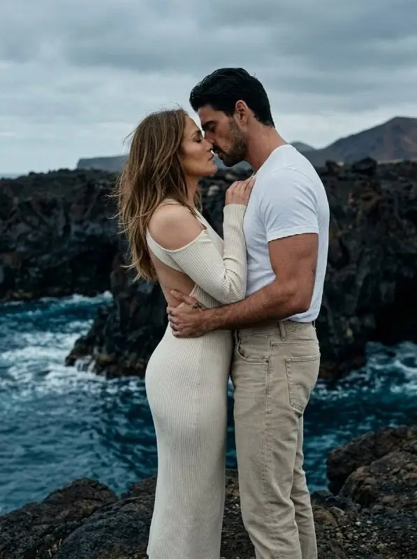 Romantic Couple Sharing Intimate Moment on Rocky Coastal Shoreline
