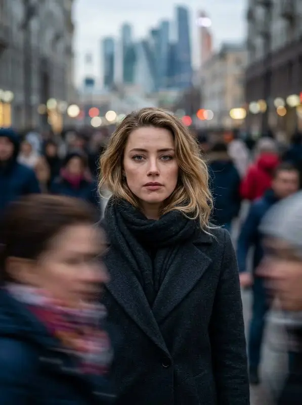 Cinematic portrait of a blonde woman in a busy city crowd