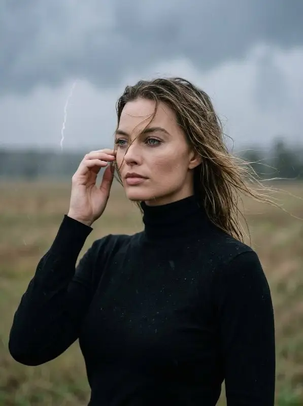 Moody portrait of a woman in black turtleneck during rain