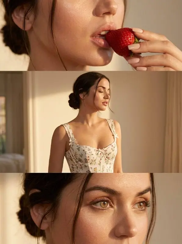 Aesthetic Woman in Floral Corset Eating Strawberry Golden Hour