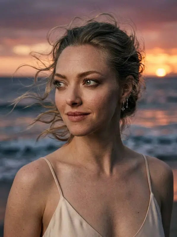 Cinematic portrait of woman looking at ocean during sunset