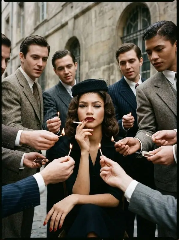 Elegant vintage woman in pillbox hat with men lighting cigarette