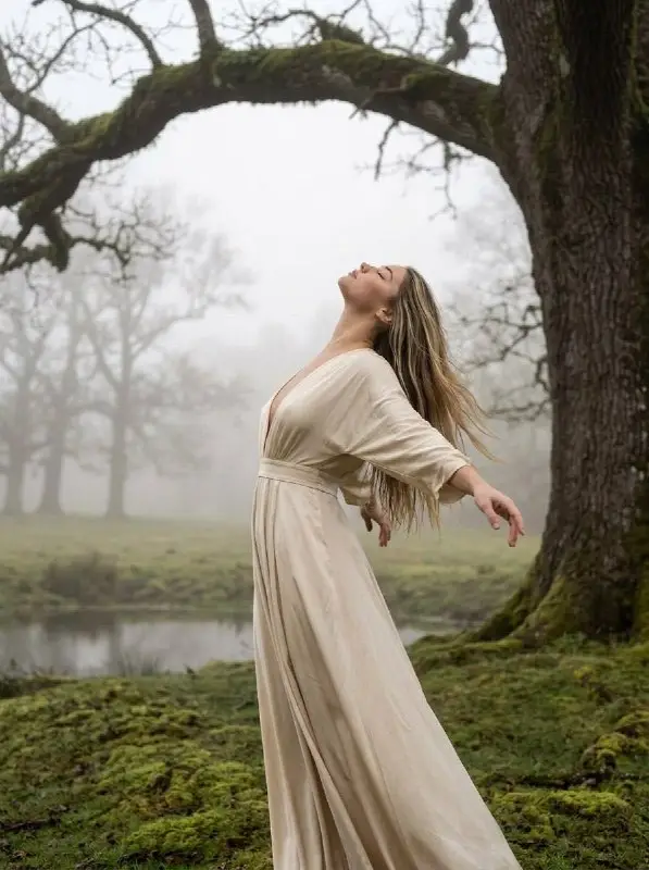 Woman in long flowing dress with arms outstretched in misty forest