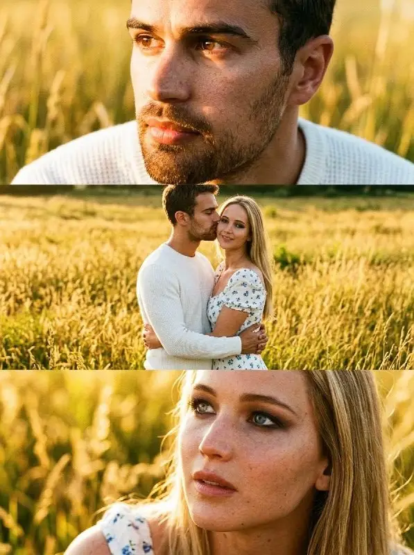 Cinematic portrait of a romantic couple in a sunlit field