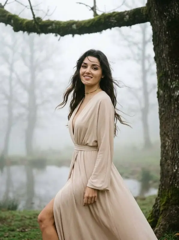 Beautiful woman in flowy beige dress posing in misty forest