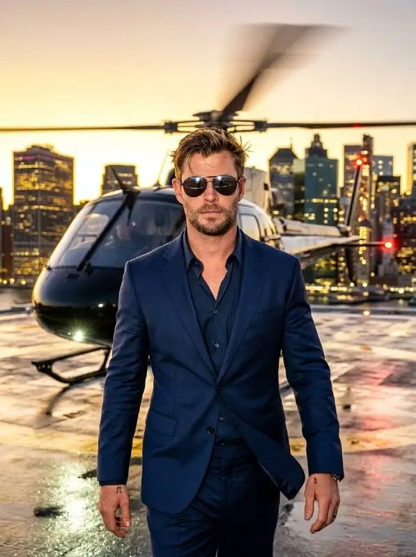 Sophisticated Man in Suit on Helipad with City Skyline Background