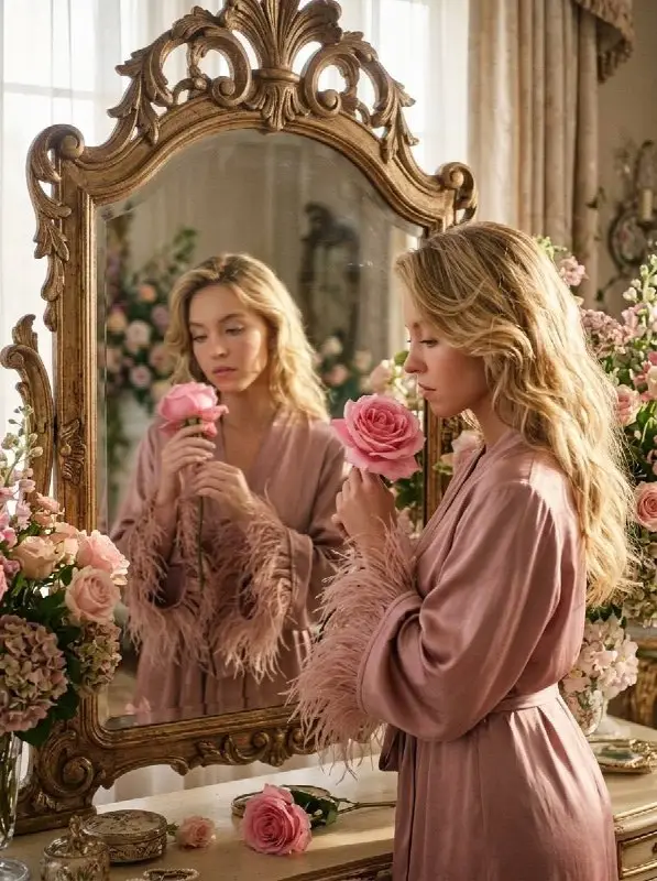 Elegant Blonde Woman in Pink Feather Robe Holding a Rose