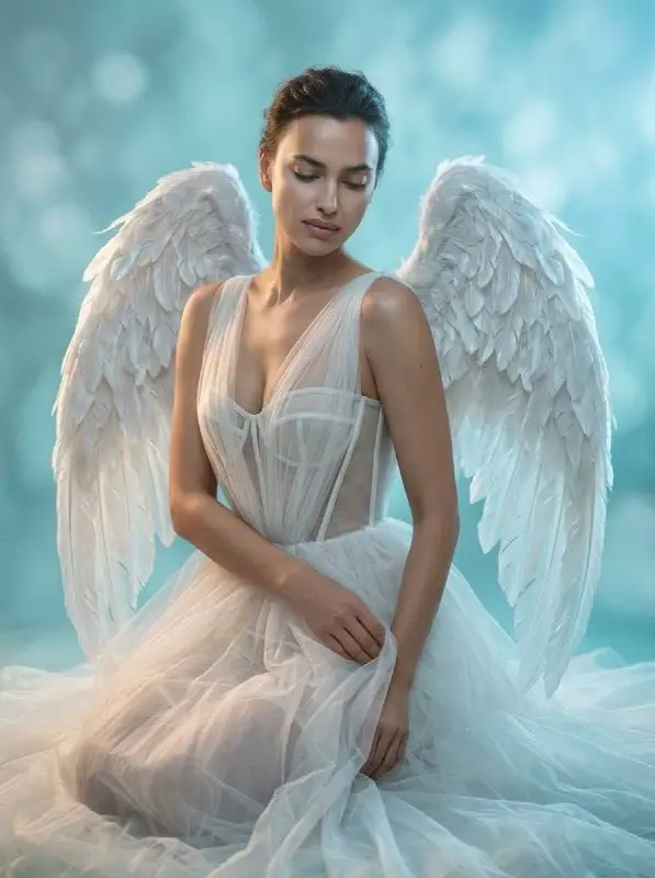 Serene Woman with White Angel Wings and Ethereal Tulle Dress