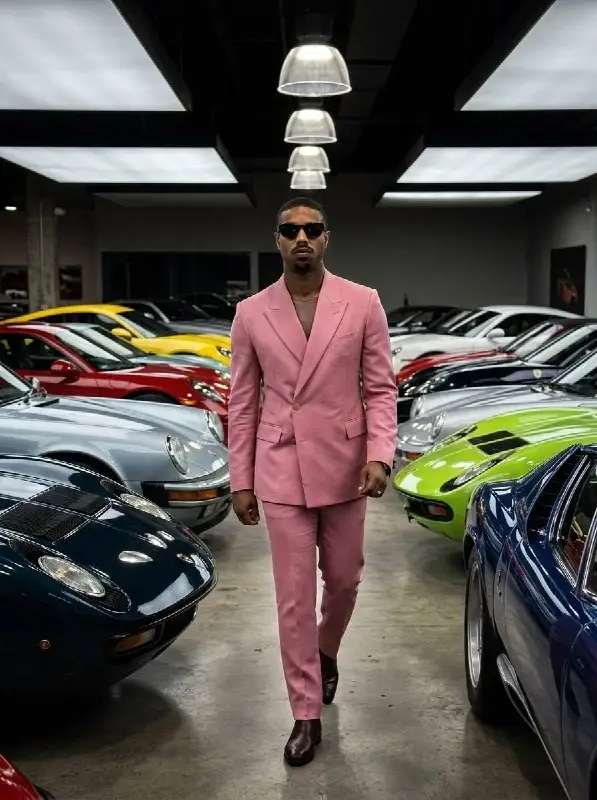 Stylish man in pink suit walking through luxury sports car garage