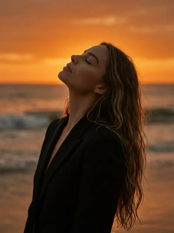 Peaceful woman in black blazer at beach sunset portrait